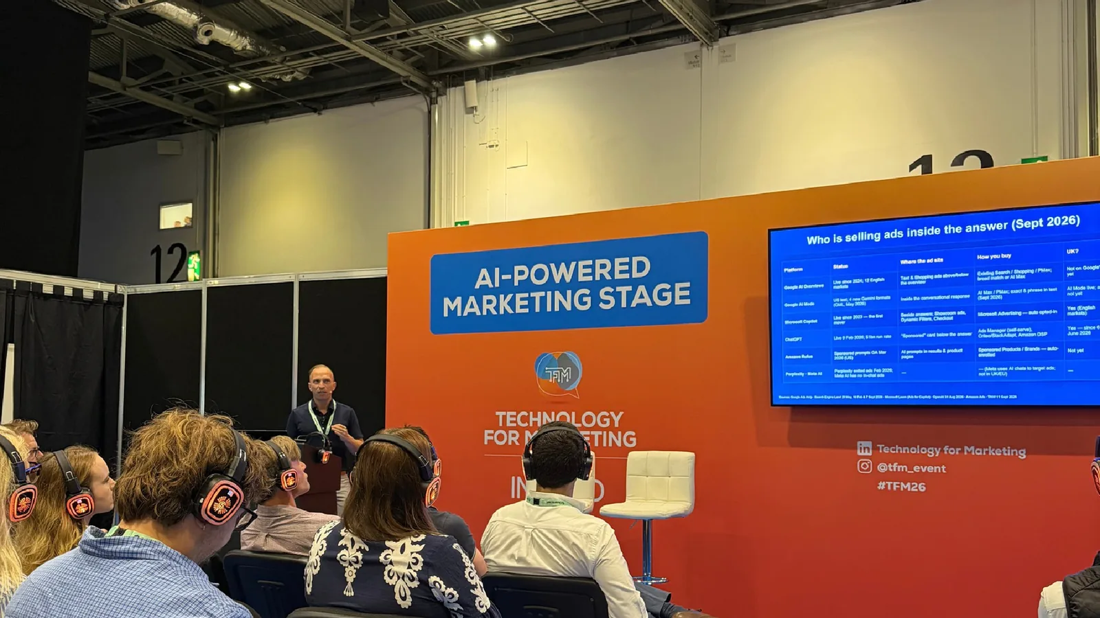 Alex Melen presenting on AI search at Technology for Marketing 2026, ExCeL London
