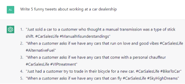 Write five funny tweets about working at a car dealership
